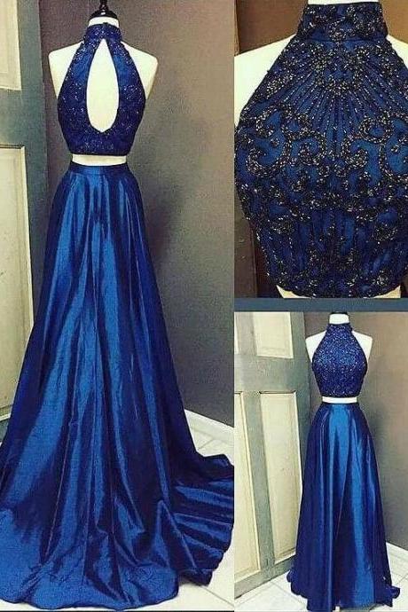 Halter Royal Blue Beaded Evening Dress, Sexy Two Piece Long Prom Dresses,2018 Satin Long Evening Dress, Plus Size Wedding Party Dress