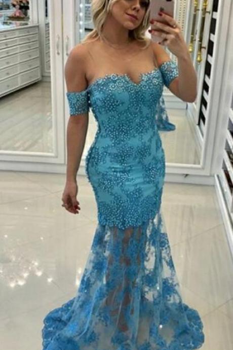 Sexy Mermaid Prom Dresses, Off Shoulder Prom Dress, Prom Dress,charming Prom Dress, Appliques Lace Long Mermaid Evening Dress,beaded Long Evening