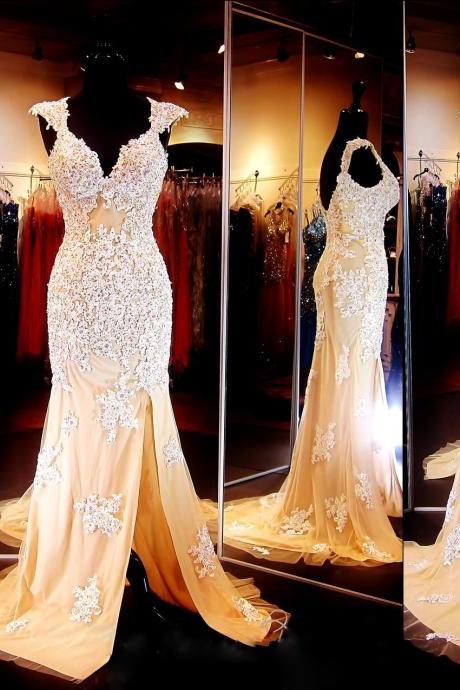 Sexy Sweetheart Mermaid With Applique Natural Waist Side Split Floor Length Tulle Evening Dress Prom Dresses Party Dresses,2018 Mermaid Prom Dress,Formal Party Gowns 
