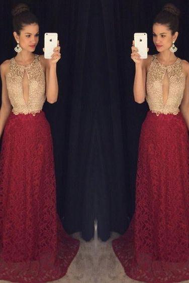 Burgundy Lace Prom Dresses Long A-line Evening Dresses Backless Formal Gowns Halter Party Dresses for Women,2018 Sexy Women Wedding Gowns ,Custom Made Gowns Party 