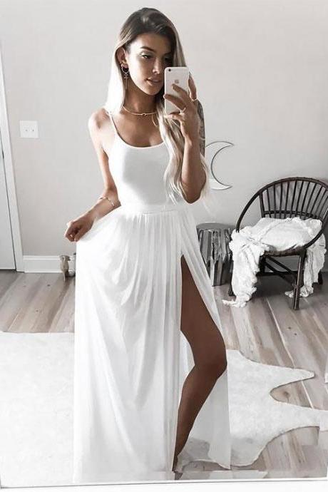 2018simple White Chiffon Long Prom Dresses Sexy Side Split Wedding Evening Dresses Spaghetti Straps Formal Evening Gowns ,plus Size Wedding Party