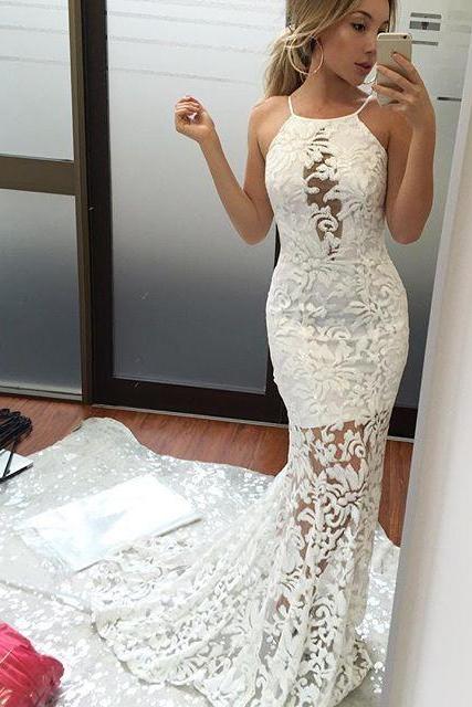 Charming Mermaid Spaghetti Straps Long White Lace Prom/Evening Dress With Sweep Train,2018 Custom Made High Neck Formal Evening Dresss, Wedding Party Gowns .