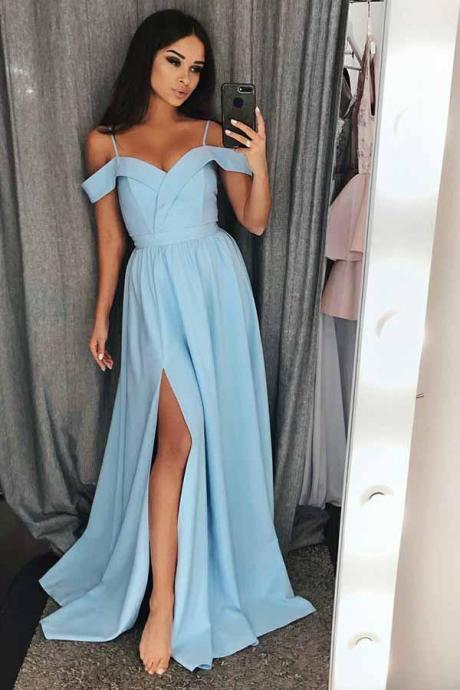 2018 Plus Size Sky Blue Satin Slit Long Prom Dresses Custom Made Sexy Women Party Gowns ,Spaghetti Straps Formal Evening Gowns , Wedding Party Gowns 