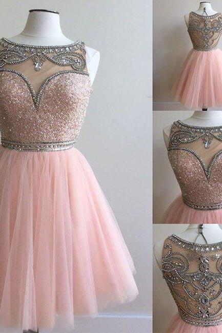 homecoming dresses,pink tulle short prom dress for teens, pink homecoming dress，2018 Luxury Beaded Crystal Mini Cocktail Dresses, Plus Size Wedding Party Gowns 