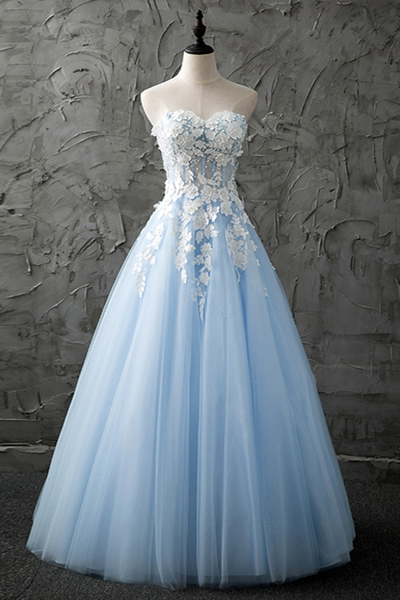 Sweetheart Blue Tulle Long Customize Evening Dress With Appliques,2018 Sky Blue Tulle Women Party Gowns , Plus Size Wedding Party Dress, Wedding