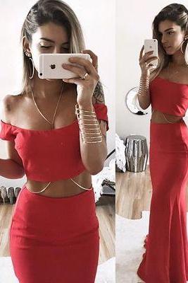 New Arrival Sexy Prom Dress,Red Prom Dress,2 pieces Mermaid Prom Dress , Simple Evening Dresses,Wedding Guest Gowns , Plus Size Women Party Gowns 