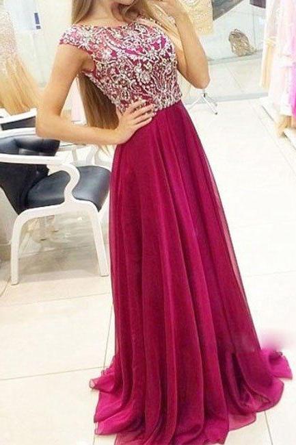 Beaded Embellished Bateau Neck Cap Sleeves Floor Length Prom Dress, Formal Dress,2018 Plus Size Formal Evening Dress , Wedding Party Gowns .a
