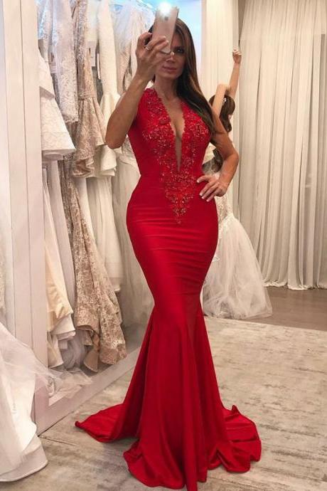 Mermaid Deep V-Neck Sweep Train Red Prom Dress with Beading Appliques, Red Lace Mermaid Prom Dresses,Strapless Long Evening Gowns , Wedding Party Gowns 