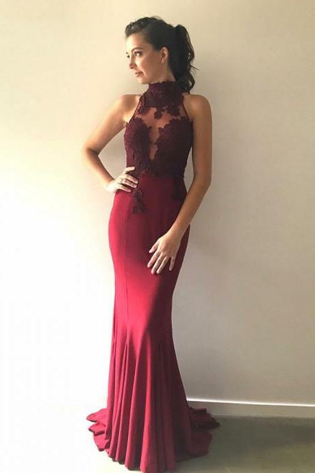 Mermaid High Neck Sweep Train Burgundy Stretch Satin Prom Dress with Lace ,2018 Sexy Backless Forrmal Evening Dresses , Custom Made Mermaid Prom Gowns 