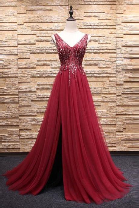 2018 Plus Size Red Long Evening Dresses Crystal Beaded Formal Women Party Gowns , Shiny Beaded Long Evening Dress, Elegant Party Gowns , Wedding Guest Gowns 