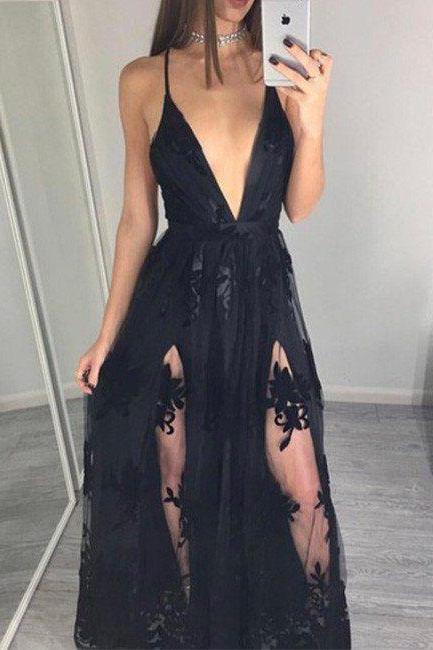 2018 Sexy Prom Dress,black V Neck Prom Dresses,sleeveless Chiffon And Lace Prom Dresses, Black Chiffon Evening Dresses, Long Party Gowns , Off
