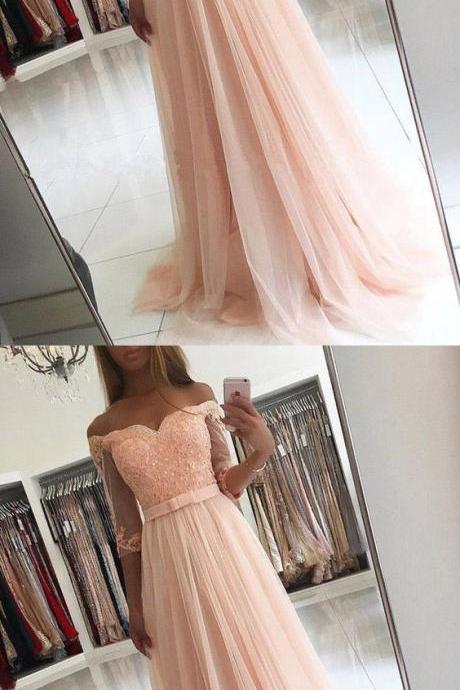 Tulle Off-the-shoulder A-line Floor-length Appliques Lace Prom Dresses 2018 Half Sleeve Beaded Long Prom Gowns Custom Made Formal Evening Dresses ,Wedding Pageant Gowns 