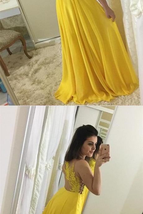 Elegant Lace Appliques Nude Back Chiffon Evening Dress Floor Length Prom Gowns ,2018 Spaghetti Straps Yellow Formal Evening Dress. A Line Women