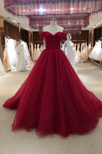 Sexy Off Shoulder Sleeves Prom Dress,ball Gown Burgundy Prom Dress,sexy Burgundy Evening Dress，2018 Burgundy Tulle Long Evening Dresses, Off