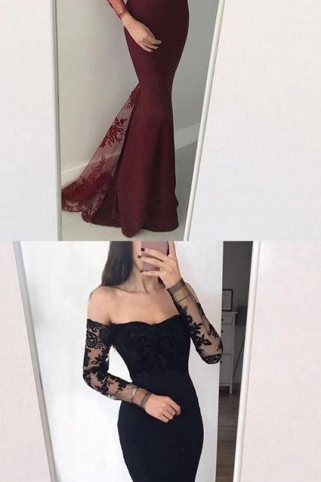 modest burgundy mermaid prom dresses with sleeves, simple off the shoulder black evening gowns, unique black long sleeves party dresses，2018 Mermaid Evening Gowns , Pageant Gowns .