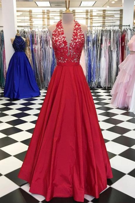 Red V Neck Lace Applique Long Prom Dress, Red Evening Dress 2018 Plus Size Wedding Guest Gowns ,women Party Gowns ,a Line Women Party Gowns
