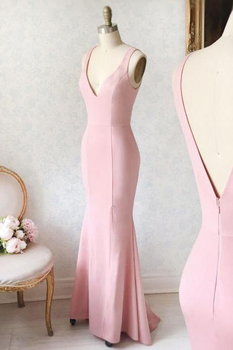 Simple Pink V-Neck Mermaid Formal Dress,Straps Pink Prom Dress 2018 Plus Size Womne Party Dresses Sexy Back Open Evening Dresses, Wedding Party Dresses, Mermaid Evening Dresses, Custom Made Women Gowns 