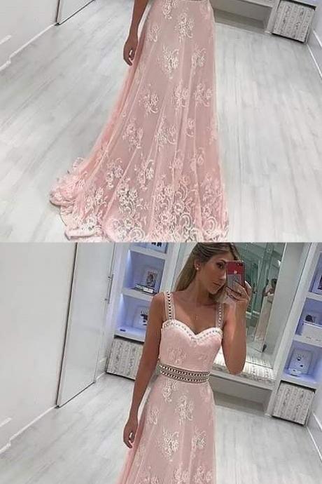 A-Line Scoop Sweep Train Pink Lace Prom Dress with Beading Appliques， 2018 Spaghetti Straps Beaded Formal Evening Dresses, Women Party Gowns , Cheap Prom Dress