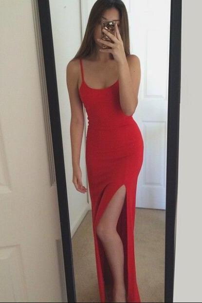 Sexy chiffon Prom Dress,Sleeveless Red Evening Dress,Backless Chiffon Prom Dresses ， 2018 Sexy Ruffle Long Prom Dresses, Wedding Party Gowns ,Slit Gowns ,