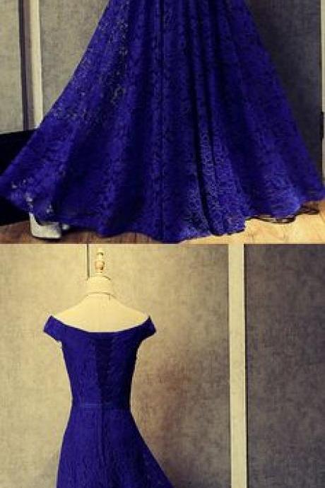 Royal Blue A Line Floor Length Off Shoulder Lace Up Hollow Prom Dress,Formal Dress，Plus Size Women Gowns , A Line Wedding Guest Gowns , Off Shoulder Wedding Guest Gowns 