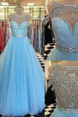 Blue Round Neck Tulle Long Prom Dresses, Blue Evening Dresses 2018 Sexy Scoop Beaded Long Prom Gowns ,wedding Party Gowns ,