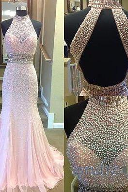 High Neck Halter Pearl Beaded Evening Dress,Formal Dressn,Evening Dresses,Wedding Guest Prom Gowns,2018 Wedding Party Gowns ,Women Pageant Gowns , Shiny Prom Gowns 