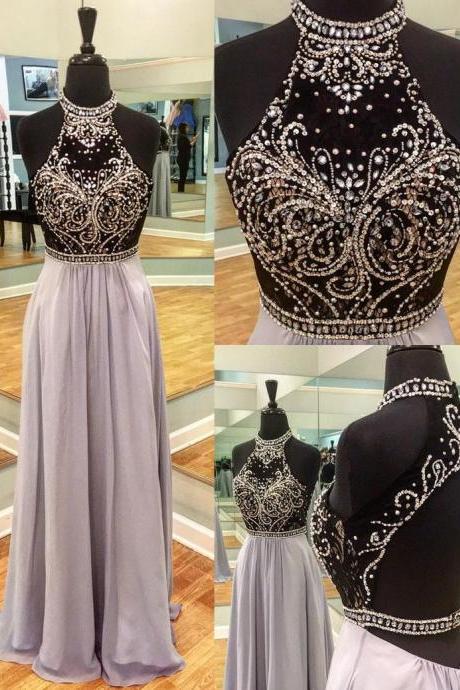 Adorable Round Neck Long Light Lavender Open Back Prom Dress with Beading 2018 Plus Size Long Evening Dresses, Women Party Dresses, Crusyal Beaded Prom Gowns , Wedding party Gowns 