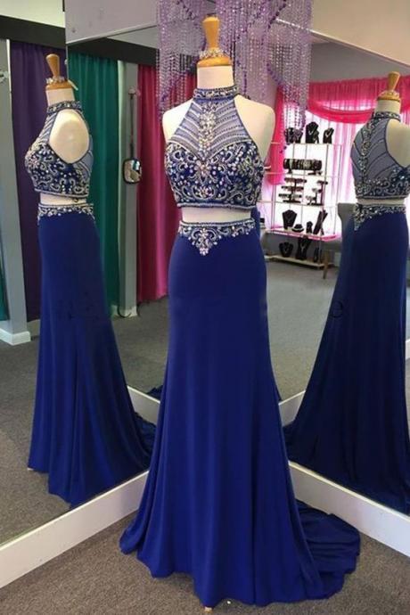 party dresses, elegant royal blue prom dresses, evening dresses, sparkling evening dresses,High Neck Beaded Long Prom Gowns ,Plus Size Girls Pageant Gowns 