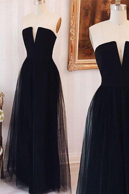 Elegant Simple Tulle Black Long Prom Dress, Black Formal Dress,plus Size Black Evening Gowns , A Line Wedding Guest Gowns , Pageant Gowns