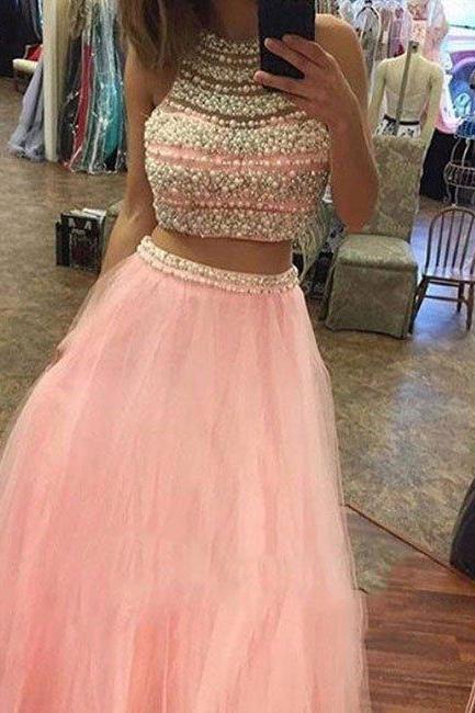 New Arrival pink two pieces tulle long prom dresses, pink evening dress,Off Shoulder Prom Dress, 2018 Two Pieces Cocktail Dresses, Wedding party Gowns , Women Gowns 