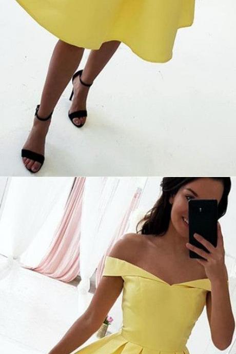 Yellow Satin V-neck Off Shoulder Prom Dresses Short Homecoming Dresses,Yellow Cocktail Gowns , A Line Party Dresses, Custom Made Women Party Dresses, Wedding Guest Gowns 