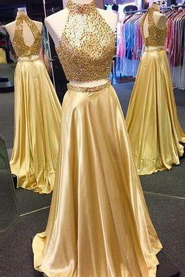 Two Pieces Prom Dress With Beaded Crop Top Keyhole Back 2018 High Neck Gold Satin Long Evening Dresses, Women Party Gowns ,girls Pageant Gowns