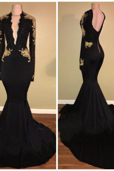 Long Sleeves Black Mermaid Prom Dress With Gold Appliques,2018 Black Mermaid Evening Dresses, Laxe Women Gowns , Long Sleeve Muslim Party