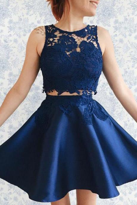 Short Party Dress Navy Blue Two Piece Junior Prom Dress 2018 New Arrival 2 Pieces Cocktail Gowns , A Line Women Gowns , Off Shoulder Women Party Dresses, A Line Party Gowns 