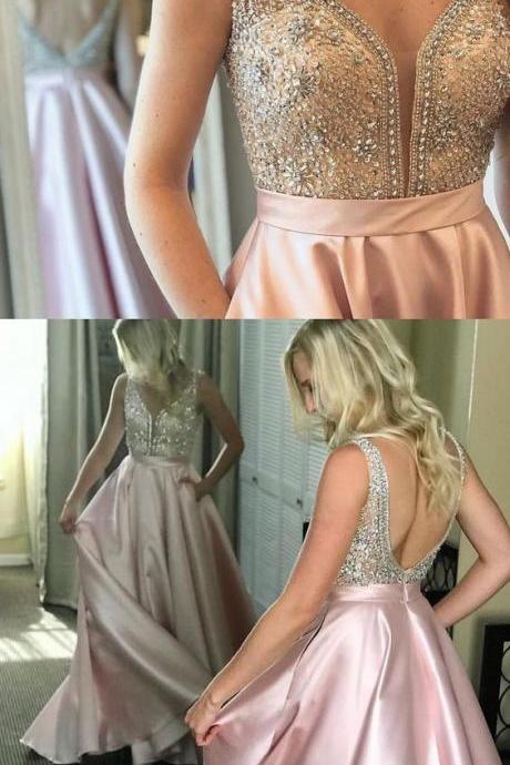 A-line V-neck Backless Long Pink Prom Dress With Beading Pockets, Princess Pink Long Prom Dress With Pockets, Long Prom Dress, Graduation Dress,