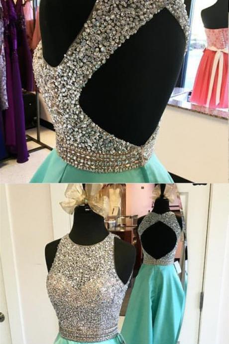 Jewelry Neck Long Prom Dress,Satin Turquoise Prom Dresses,Blue Prom Dresses,Backless Evening gowns,2018 Sesy Backless Formal Evening Dresses, Green Satin Prom Gowns ,
