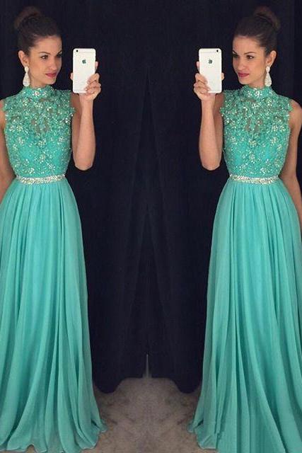 High Neck Appliques Prom Dress, Sleeveless Beaded Chiffon Prom Dresses, Long Evening Dress,2018 Plus Size Women Party Gowns ,beaded Pageant Gowns