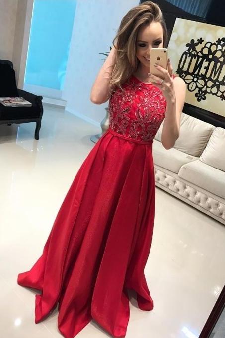 Charming Red Homecoming Dress, Sleeveless Long Prom Dress, Beaded Prom Dresses,2018 Plus Size Long Evening Dresses,red Satin Women Party Gowns .