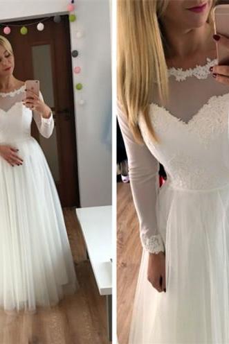Long Sleeve White Prom Dress, Tulle Prom Dresses, Long Evening Dress,2018 Sexy Long Sleeve Women Party Gowns ,,A Line Women Party Dresses, Wedding Women Gowns 