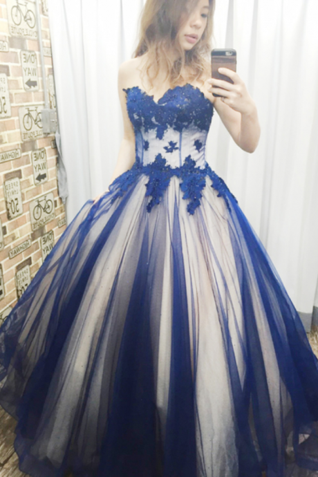 Charming Blue Appliques Prom Dress, Sweetheart Tulle Ball Gowns, Sleeveless Quinceanera DressesPlus Size Women Party Gowns ,Lace Women Gowns ,Plus Size Women Party Gowns 