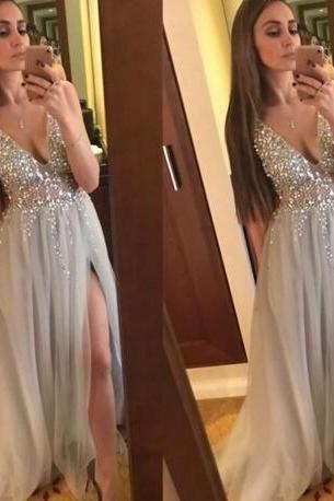 Sexy V-neck A-line Beading Prom Dresses,long Prom Dresses,green Prom Dresses, Evening Dress Prom Gowns, Formal Women Dress,prom Dress,2018 High