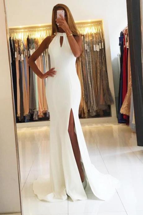 Backless White Chiffon Mermaid Evening Dresses Long Prom Gowns 2018，Plus Size Mermaid Prom Gowns ,Sexy Backless Women party Gowns ,Wedding Party Gowns 