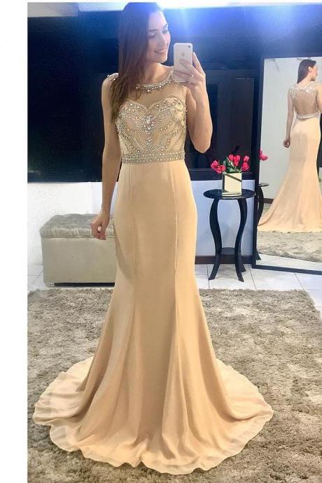 Beading Bodice Champagne Chiffon Mermaid Evening Dress Backless Prom Gowns,2018 Sexy Backless Long Prom Gowns ,Wedding Party Gowns ,Pageant Gowns 