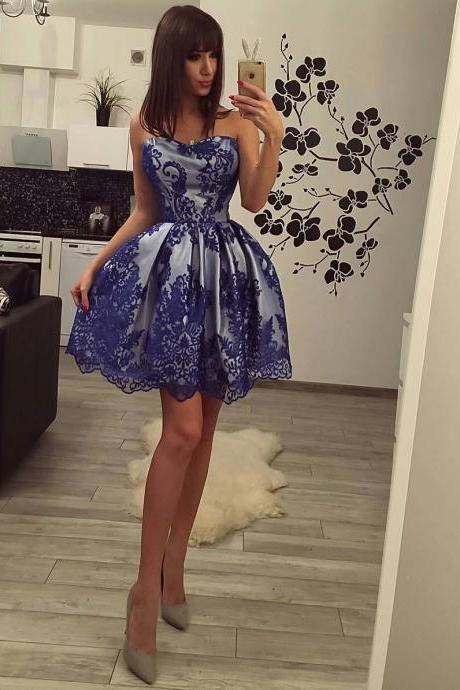 Sweetheart Short Ball Gown Cocktail Party Dress with Royal Blue Overlay Lace,2018 Off Shoulder Short Cocktail Gowns ,Little Party Dresses,Wedding Guest Gowns ,Party Gowns .