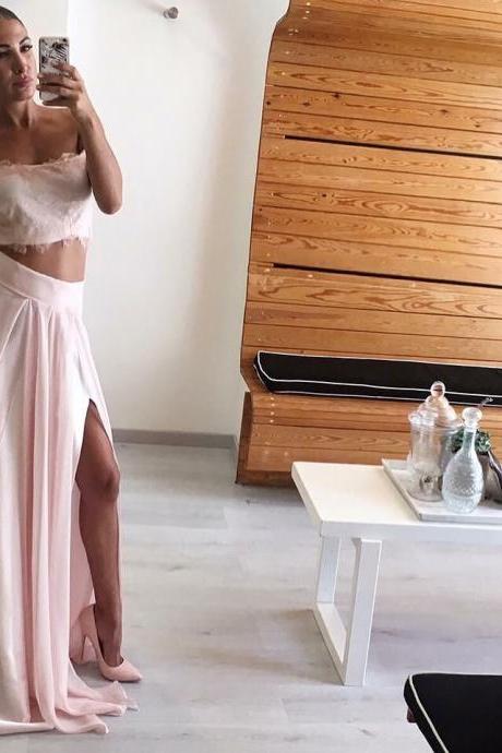 Lace Off Shoulder Two Piece Chiffon Prom Party Dresses Long with Slits，Two Pieces Long Prom Dresses,Wedding Women Gowns ,Sexy Women Party Dresses 