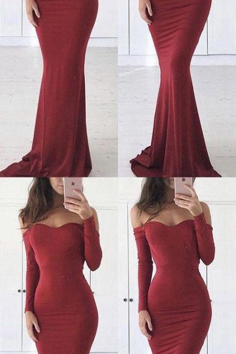 Burgundy Prom Dresses,Long Prom Dresses Jersey, Off-the-shoulder Prom Dress,2018 Long Sleeve Long Evening Dresses,Wedding Party Gowns ,Off Shoulder Party Gowns 
