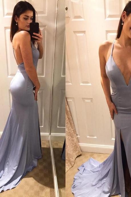 Sexy Deep V Neck Slit Mermaid Evening Dresses Long Backless Maxi Gowns,2018 Sexy Back Open Women Party Gowns .Sexy Backless Women Gowns ,Wedding Party Gowns 