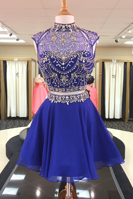 Crystal Beaded High Neck Two Piece Homecoming Dresses in Royal Blue Chiffon,2018 Plus Size Women Party Gowns , Shiny Graduation Gowns ,Women Party Gowns 
