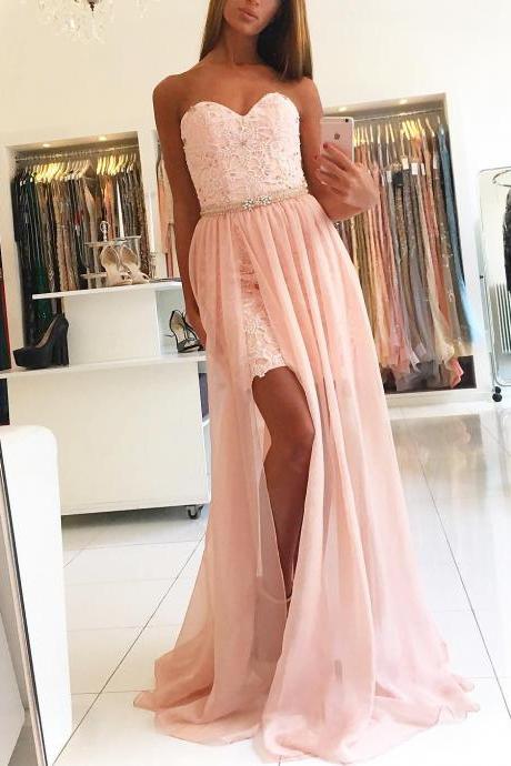 Beaded Pink Lace Sweetheart Prom Dresses Party Gowns With Long Overlay Chiffon Skirt,beaded Prom Gowns 2018 Lace Evening Gowns ,wdding Party