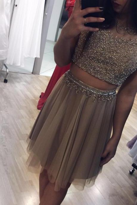Sparkly Two Piece Homecoming Dress with Beaded Bodice，2018 Sexy Sheer Beaded Girls Party Dresses, Mini Prom Dresses, Wedding Pageant Gowns .Custom Made Cocktail Gowns .